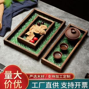 玻璃托盘实木小茶盘杯子点心水果盘大中小号复古绿色色海棠花美观