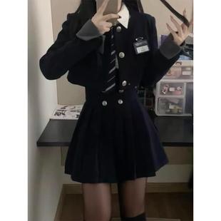 短款西装外套jk制服美式学院风套装女春秋款高腰显百褶裙三件套