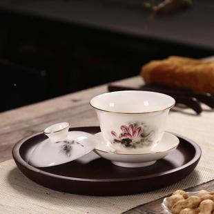 潮汕小号描金羊脂玉白瓷盖碗简约三才盖碗陶瓷茶杯功夫茶具泡茶碗