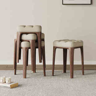 北欧实木软包餐椅现代简约胡桃色方凳家用餐厅餐桌凳子可叠放矮凳