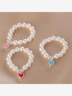 韩版小众设计珍珠爱心戒指女2023年新款时尚百搭串珠弹力绳食指戒