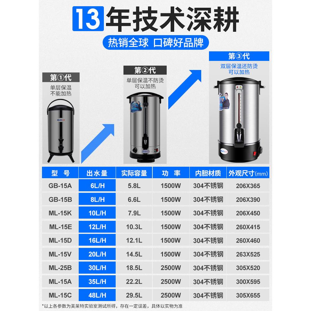 美莱特大容量304开水桶商用奶茶店20L保温桶家用电热开水器烧水桶