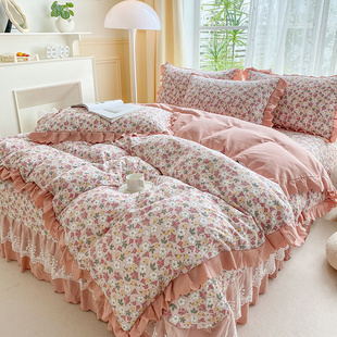 韩版水洗棉麻四件套双层纱蕾丝被套夹棉床单床盖床上用品夏季新款
