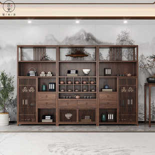 新中式实木博古架北美黑胡桃木茶空间展示柜茶室茶叶架书柜储物柜