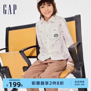 Gap男童2024春季新款纯棉印花长袖衬衫儿童装时髦洋气上衣890364