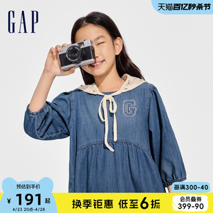 Gap女童2024春季新款贴布绣logo八分袖轻薄牛仔连衣裙A字裙890490