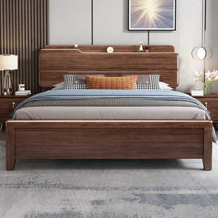 胡桃木实木床储物双人床主卧2米x2米2大床现代简约新中式轻奢婚床