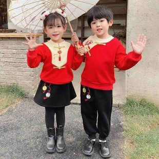 男童唐装中国风儿童汉服女童套装拜年服红色喜庆加绒卫衣两件套