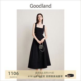 Goodland美地2024春夏系列小黑裙舞蹈艺术家方领吊带连衣裙