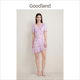 Goodland美地2024夏季新款浪漫荷叶边紫色印花法式真丝连衣裙短款