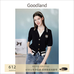 Goodland美地2024夏季新款黑色学院风polo领短袖针织上衣女