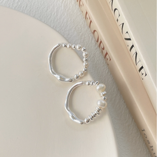s925通体纯银碎银子圆珠珍珠戒指弹力绳指环不规则小众设计感高级