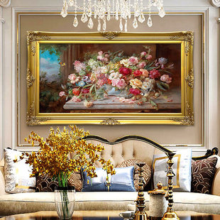 欧式古花卉油画客厅装饰画美式沙发背景墙壁画餐厅玄关挂画横版