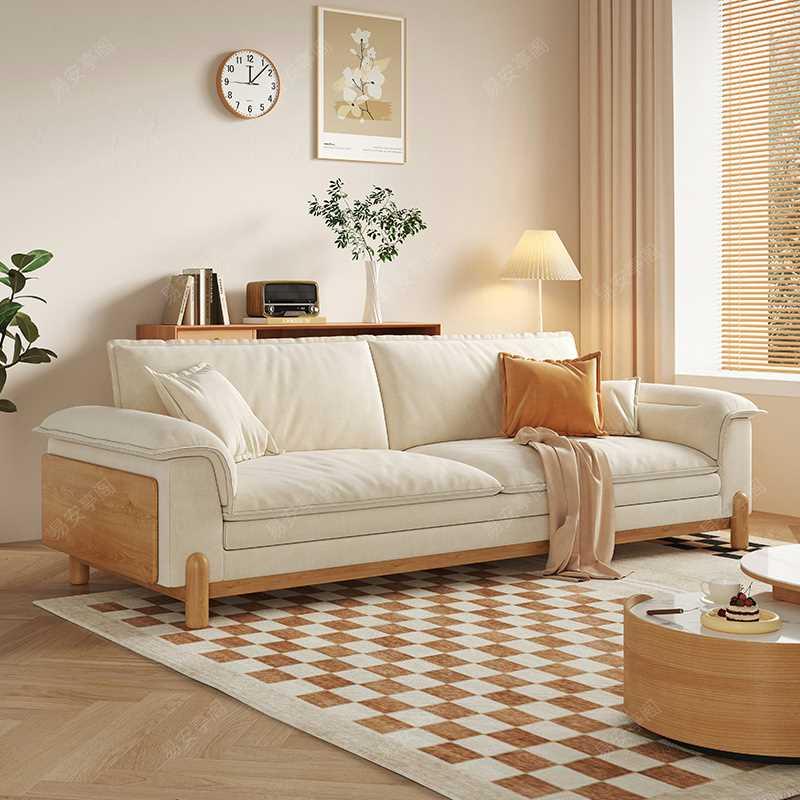 易安亭阁日式原木风直排布艺沙发北欧小户型客厅奶油风猫抓布沙发