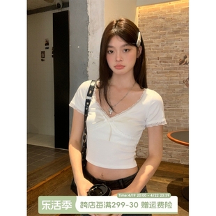 宋正恩白色蝴蝶结蕾丝V领短袖t恤女夏季修身显瘦正肩短款甜辣上衣