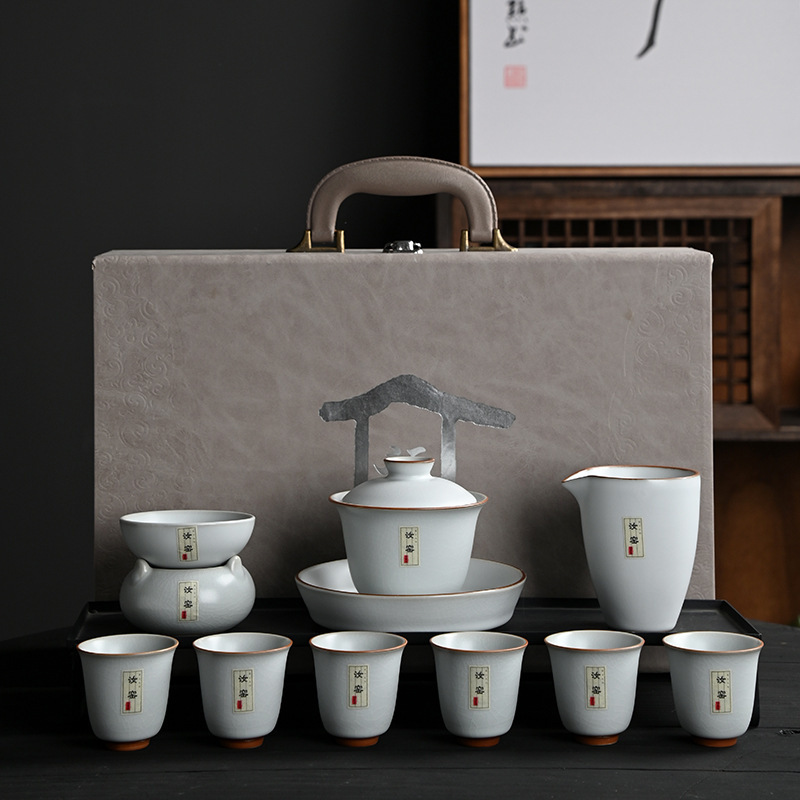 汝窑功夫茶具套装高端家用礼盒装创意陶瓷盖碗整套公司年会伴手礼