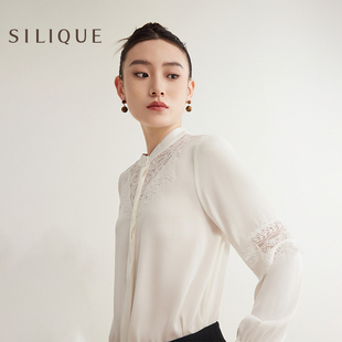 SILIQUE2024春夏新款桑蚕丝衬衣蕾丝刺绣真丝立领衬衫女通勤上衣