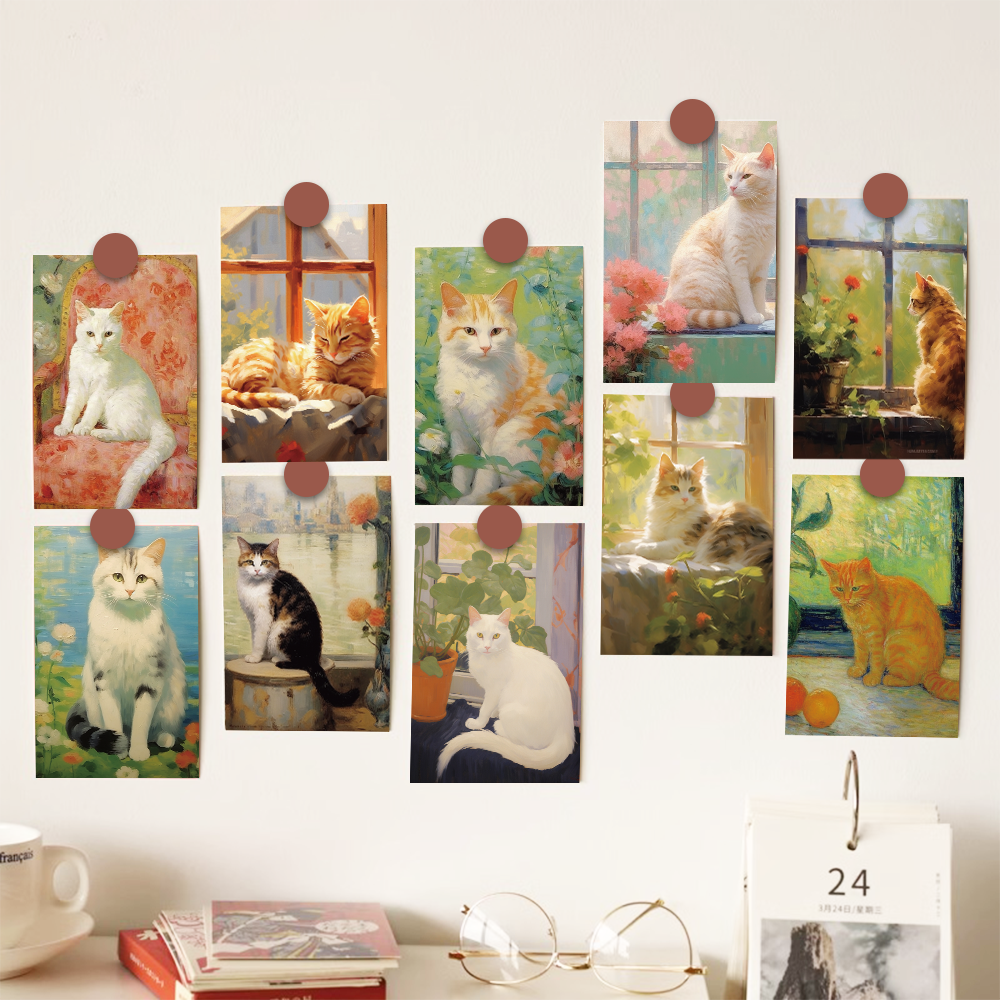 可爱动物明信片复古油画小猫咪卡通贺卡房间墙面装饰生日留言卡片