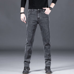冬季加绒烟灰色牛仔裤男款修身直筒2023新款男裤男士加厚保暖长裤