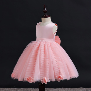 新款儿童演出礼服女童公主裙花朵蓬蓬裙婚礼花童粉色玫瑰婚纱裙