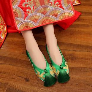 新款中式婚鞋子新娘结婚布鞋旗袍秀禾鞋平底龙凤鞋绿色上轿鞋红色