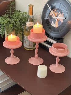 ins手工粉色玻璃烛台摆件螺旋杆节日氛围感装饰圆柱蜡烛婚庆用品