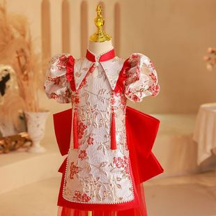 中国风女童礼服红色旗袍拖尾模特走秀古筝演奏服儿童国潮改良唐装