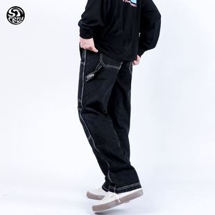 STC 美式复古明线洗水黑色运动休闲男女宽松直筒工装滑板牛仔长裤