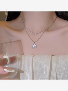 韩国新款双层贝母鱼尾项链女轻奢小众设计感珍珠颈链高级感锁骨链