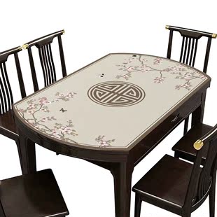 新中式椭圆形餐桌布防水防烫防油免洗pvc皮革可折叠伸缩硅胶桌垫