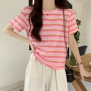 彩虹条纹圆领短袖t恤女装2024年夏季新款韩版宽松设计感休闲上衣