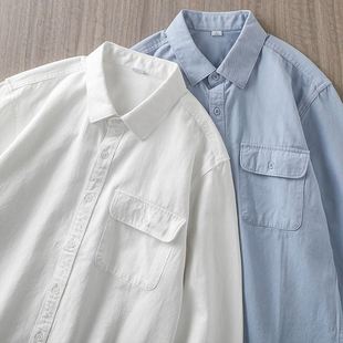 美式重磅工装衬衫长袖男口袋高级感白色衫衣外套免烫抗皱潮2024年
