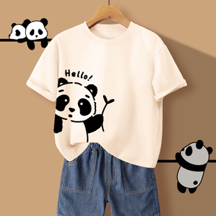 女童短袖t恤2024新款夏季女大童薄款宽松国风熊猫上衣儿童打底衫