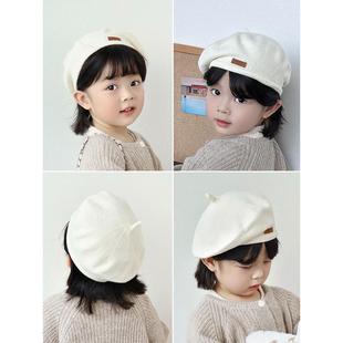 宝宝帽子秋冬新款韩版网红针织薄款儿童贝雷帽男童女童纯色八角帽