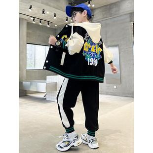 男童秋冬装加绒套装2024新款中大童男孩洋气时髦棒球服酷帅运动潮