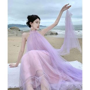 紫色仙气挂脖网纱沙滩连衣裙长裙飘逸晨袍新娘高级感小众露背裙子