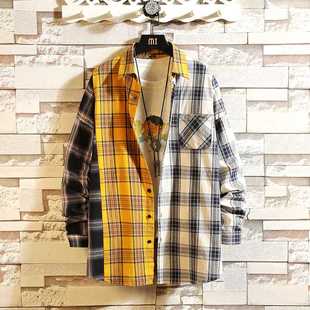 新品2021 new personality patchwork red plaid shirt men	s