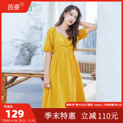 茵曼夏装新款公主裙方领收褶高腰线优雅约会浪漫温柔连衣裙清仓