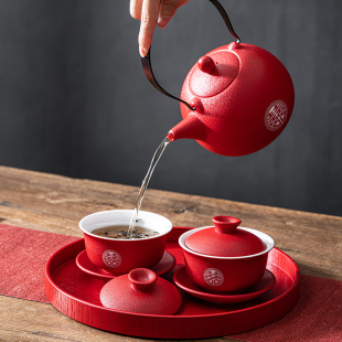 结婚敬茶杯套装敬茶壶改口茶杯喜碗对碗陶瓷红色盖碗一对整套礼物
