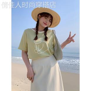 莉莉家 大码胖mm正肩t恤女2024夏季圆领宽松显瘦减龄短袖遮肚上衣