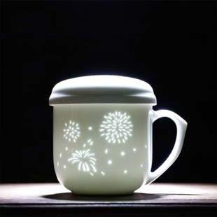 茶杯陶瓷带盖过滤创意水杯景德镇玲珑白瓷办公杯中式泡茶茶具天然