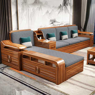 新中式实木乌金木沙发组合冬夏两用储物小户型简约经济型客厅家具