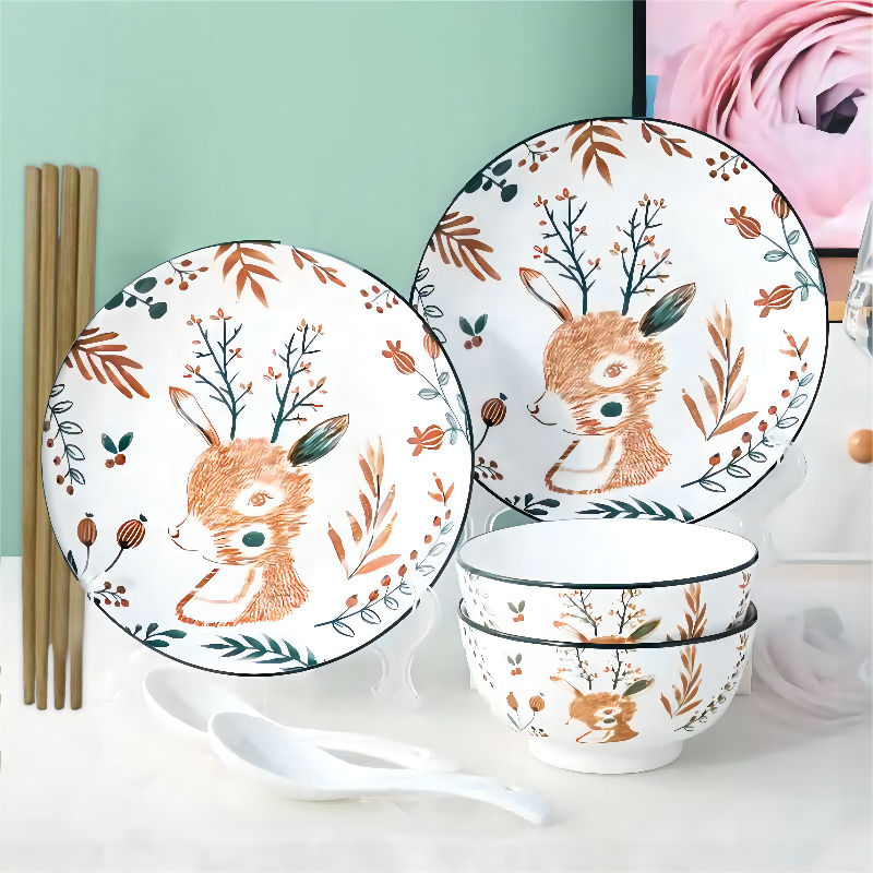 知本熊日式森林小鹿8件套餐具陶瓷碗创意卡通（2盘2碗2勺2筷）