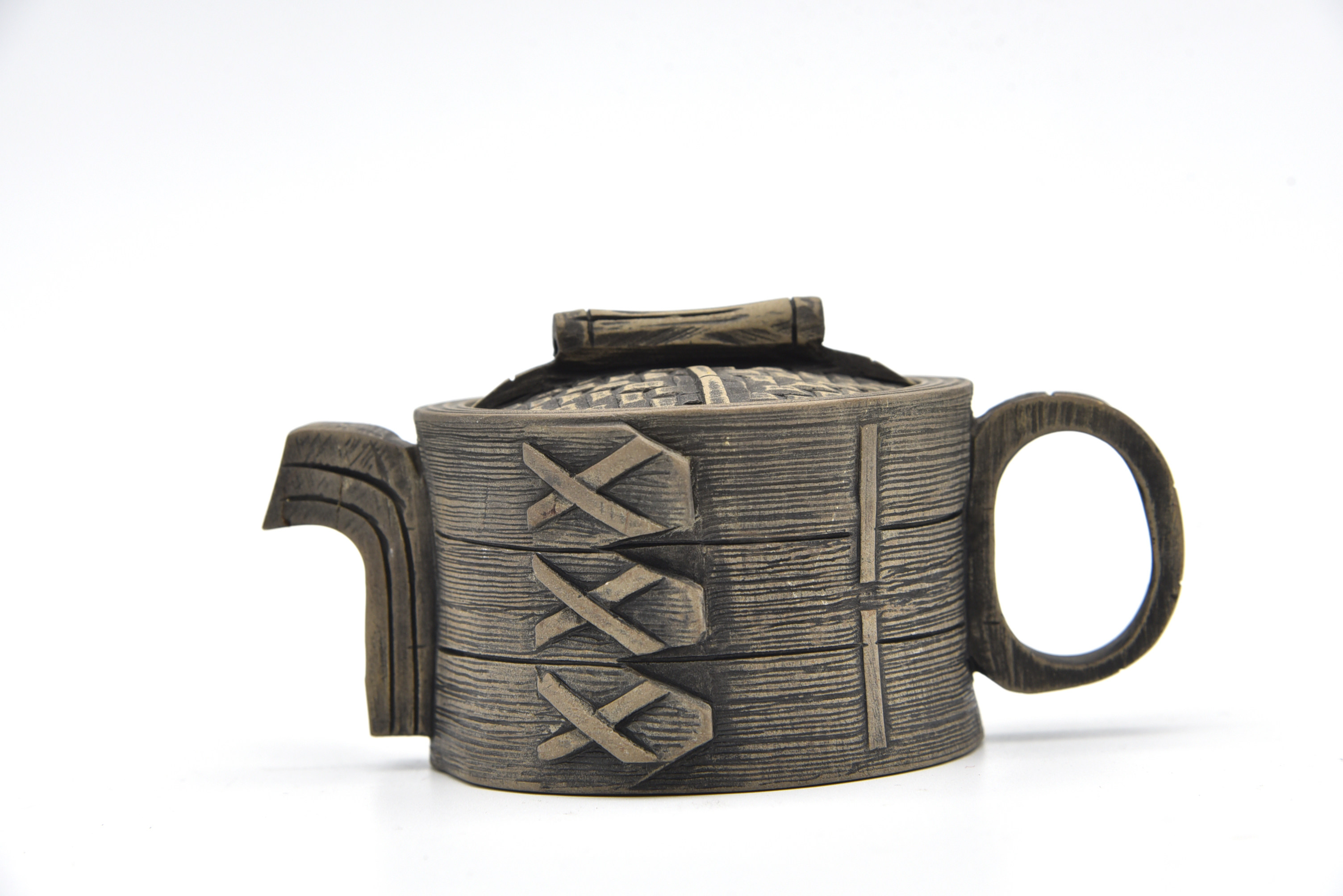 藏书澄泥石雕竹蒸笼茶壶