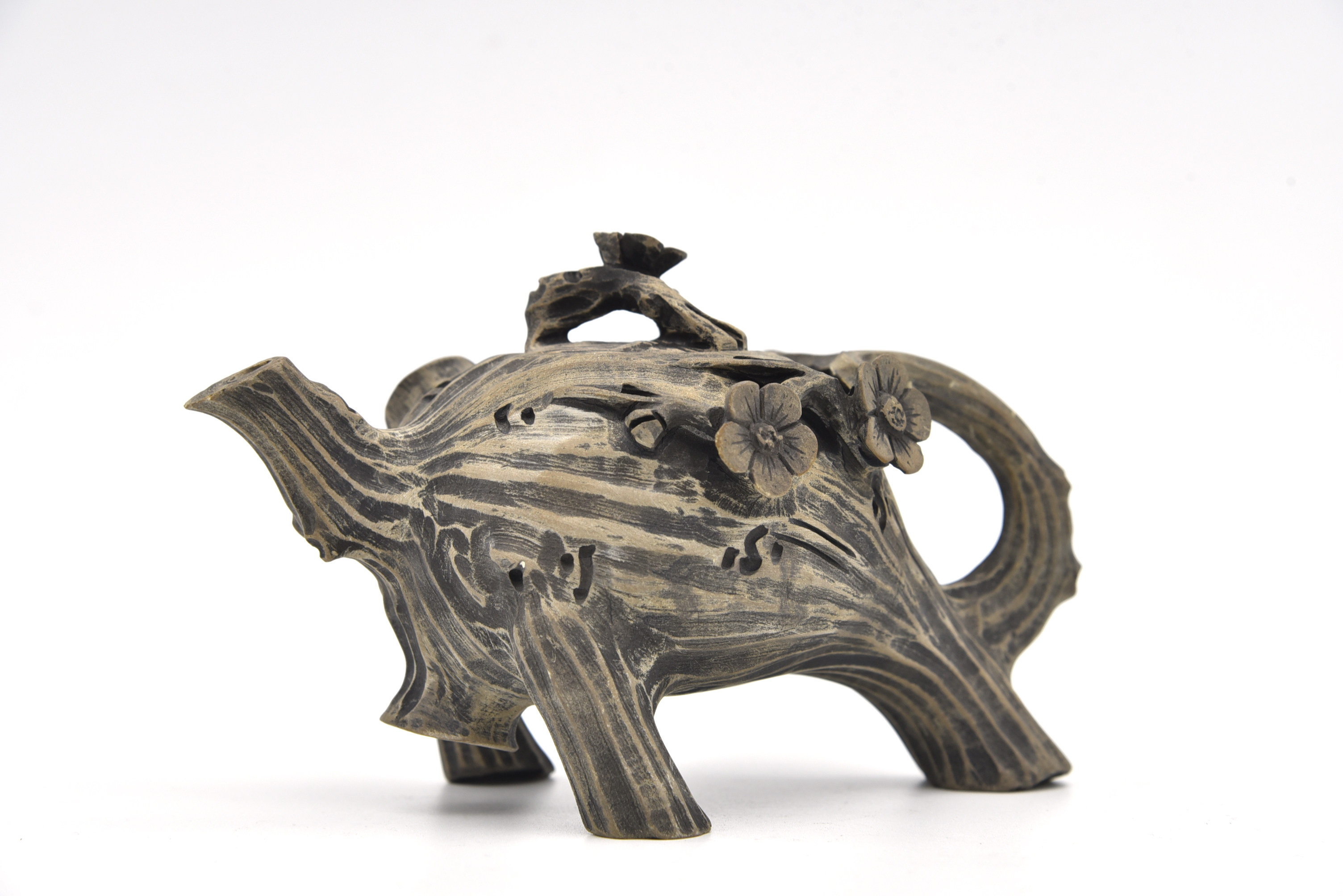 藏书澄泥石雕凌霜傲雪茶壶