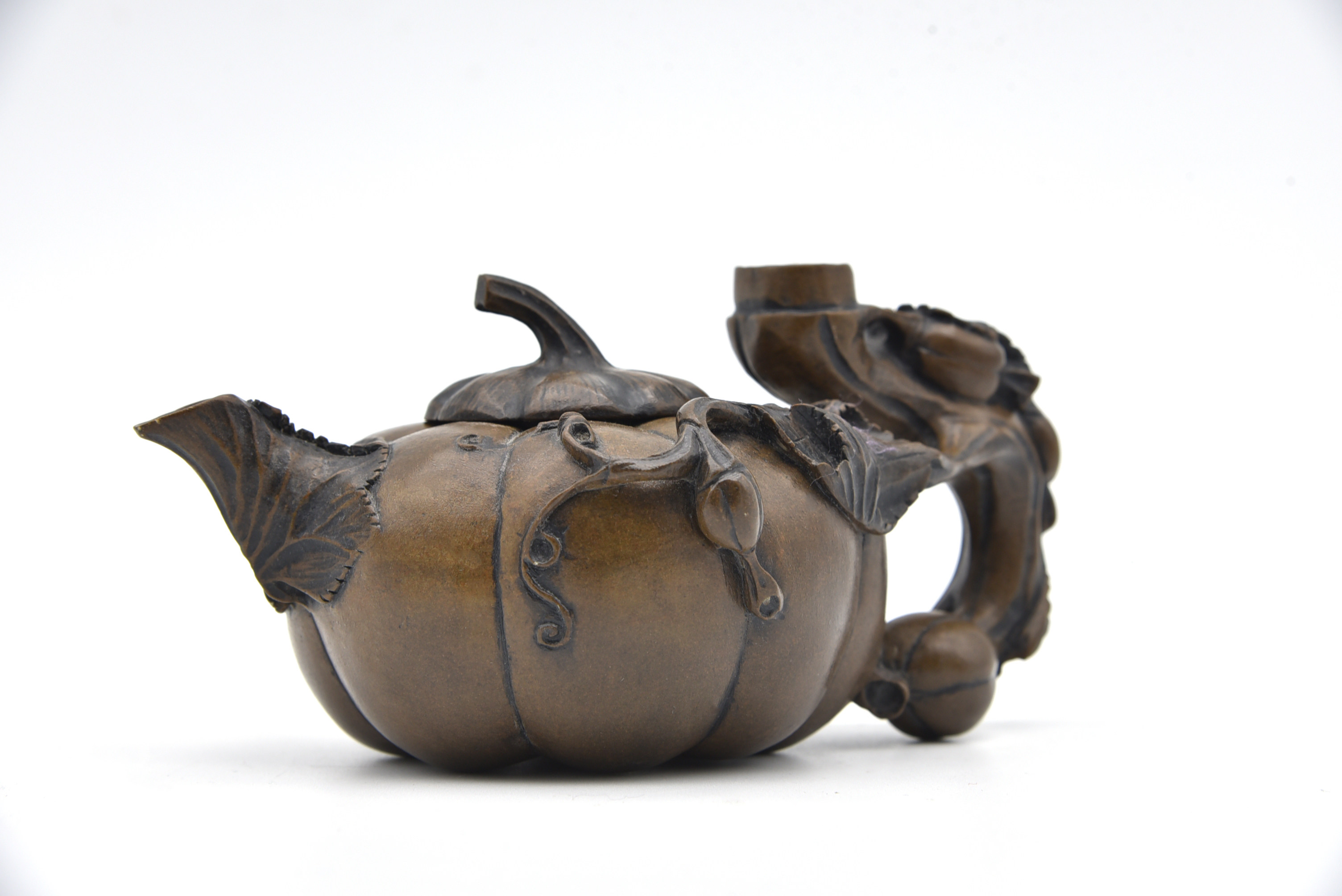 藏书澄泥石雕金丝南瓜茶壶