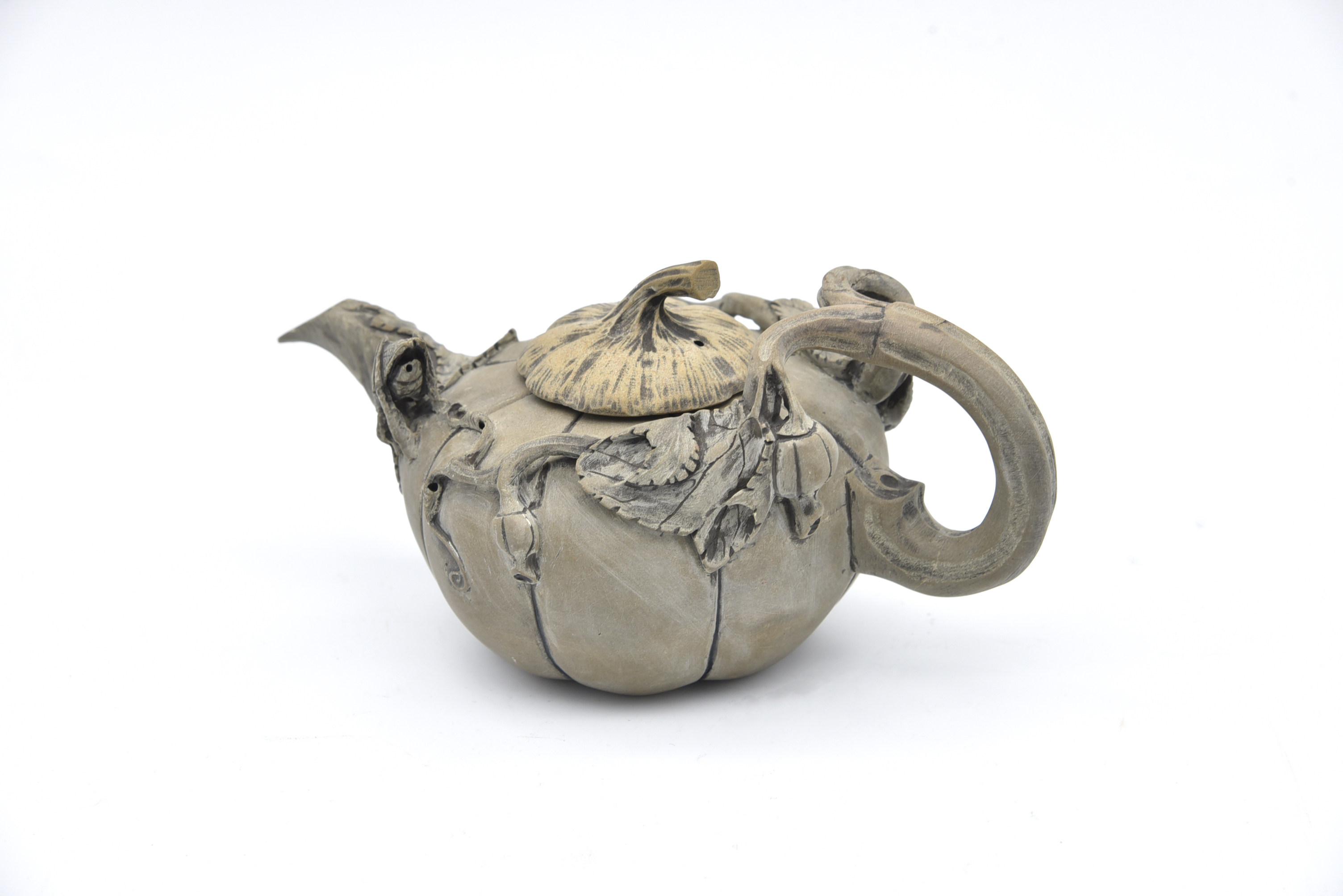 藏书澄泥石雕促织金瓜茶壶