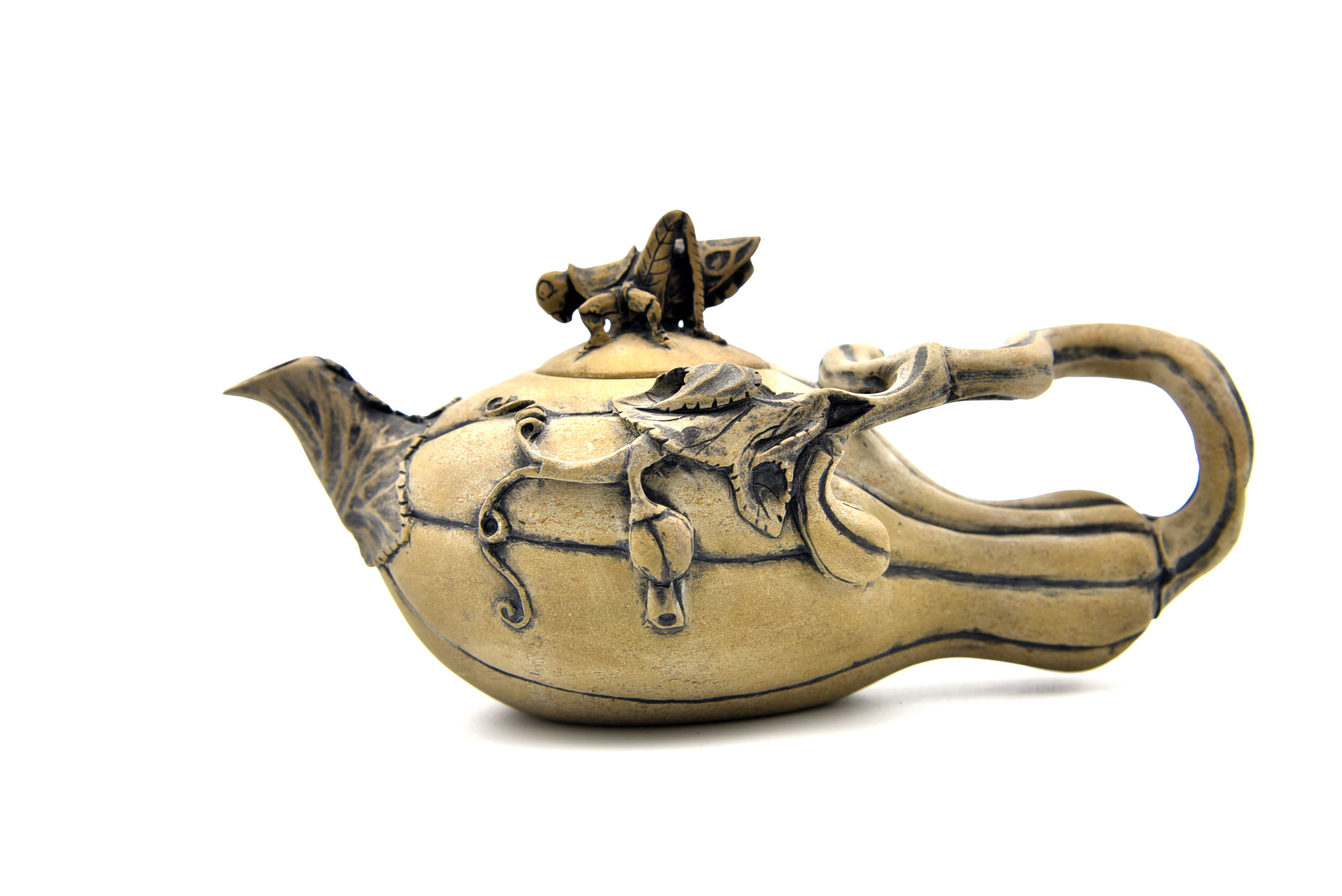 澄泥石雕金丝南瓜茶壶