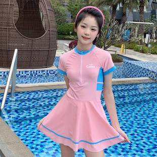 女童泳衣中大童儿童运动风泳装韩国ins休闲连体裙式沙滩度假套装