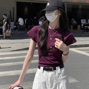 直供紫色修身短袖正肩t恤女2024新款夏季设计感小众辣妹短款显瘦